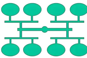 An abstract diagram of interconnected pipes with eight circular endpoints.