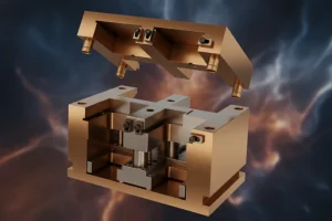 Copper injection mold assembly with two parts separated, showing detailed internal structure against a dynamic background.