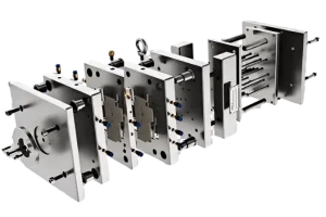 Detailed exploded view showing components of a plastic injection mold, highlighting its intricate design.