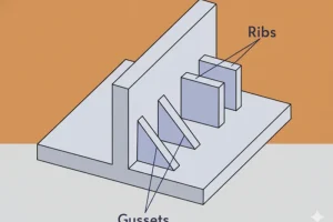 3D model diagram depicting labeled gussets and ribs used for structural reinforcement.