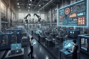 High-tech factory with advanced machinery, digital control panels, and robotic arms under a large digital screen displaying data.