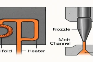 Hot runner system cross-section showing manifold, nozzles and heater