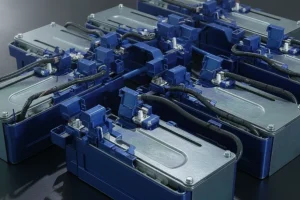 Blue industrial battery packs connected with black wiring and metallic components on a dark surface.