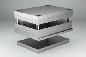 Metalowy wtrysk z wieloma częściami wyświetlanymi w otwartej pozycji na neutralnym tle.