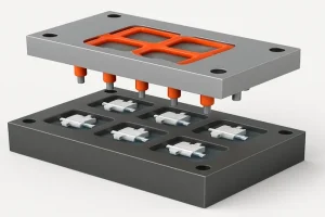 Multi-cavity injection mold with hot runner system showing 8 cavities