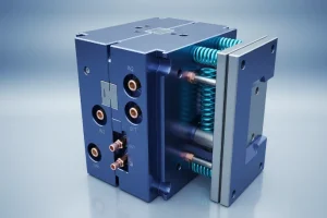 Close-up view of a plastic injection mold component with visible blue and copper elements on a light gradient background.