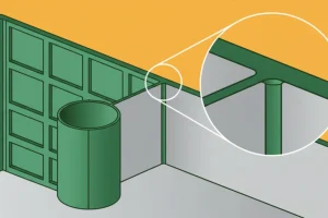 Diagram showing injection mold design with a zoomed-in detail of a plastic mold alignment feature amid green panels and a cylindrical part.
