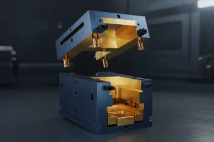 Precision injection mold tool with gold and blue components, shown in an industrial setting with one part suspended above the other.