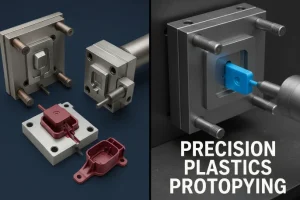 Two images showing precision plastic prototyping with metal molds, one featuring a red part and the other a blue part being formed.